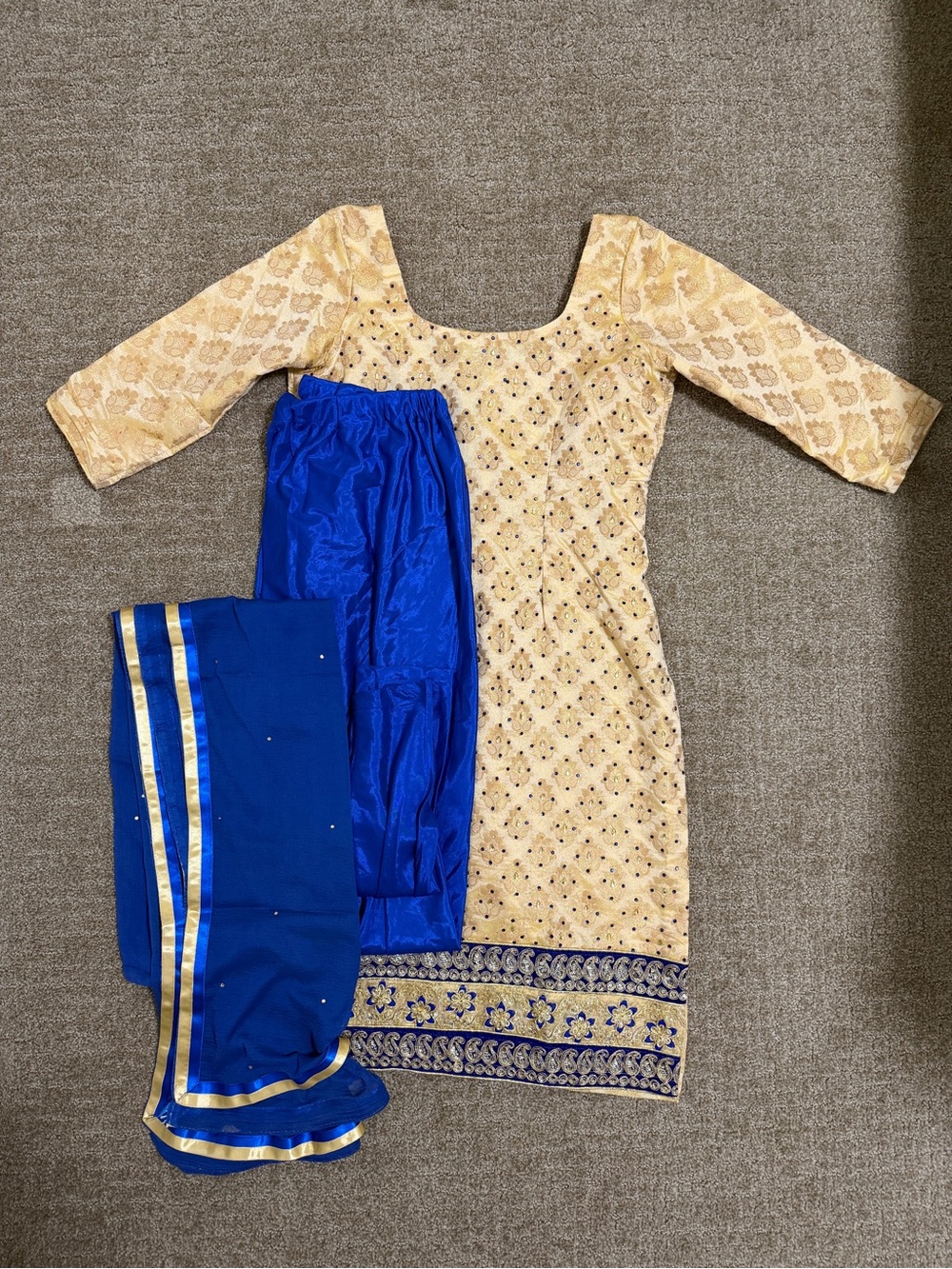Cream & Royal Blue Embroidered Salwar Kameez Set 3 Piece set